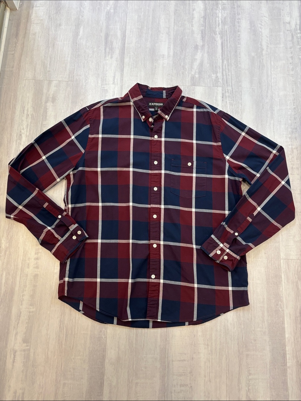 Express Men's Plaid Button-Down Shirt - Burgundy & Navy